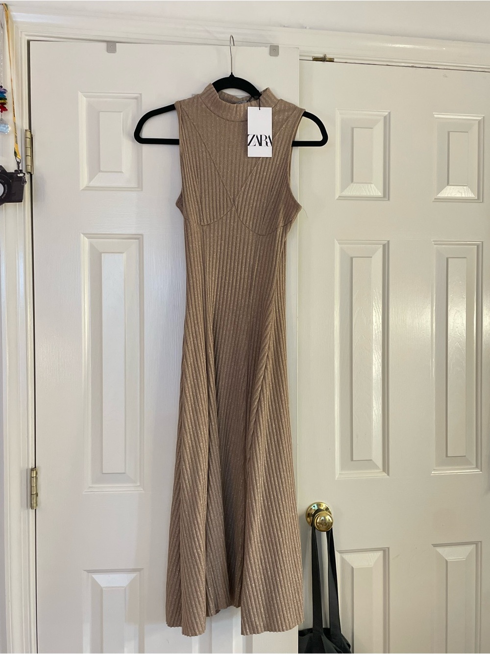 Zara Ribbed High-Neck Maxi Dress in Taupe